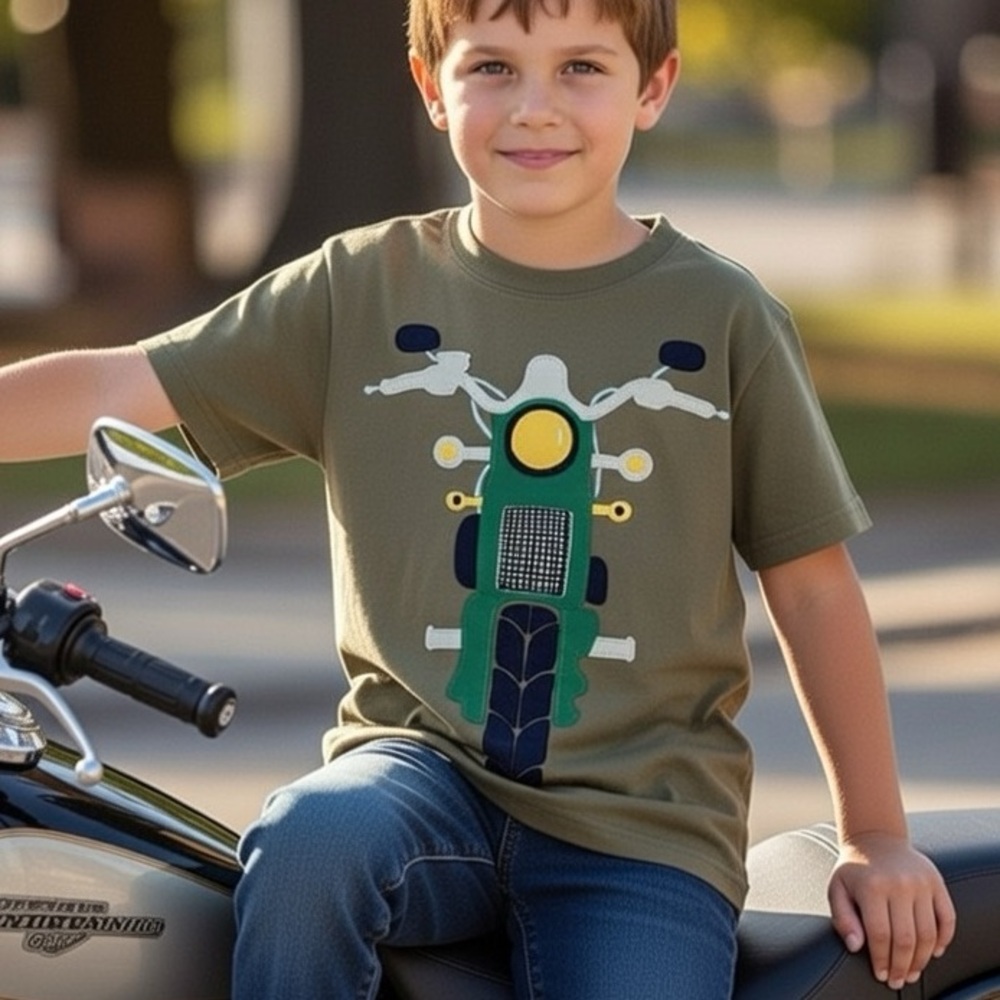 Boden Motorcycle Applique Graphic T-Shirt Green Size 5-6 Boys Tee Bike Biking